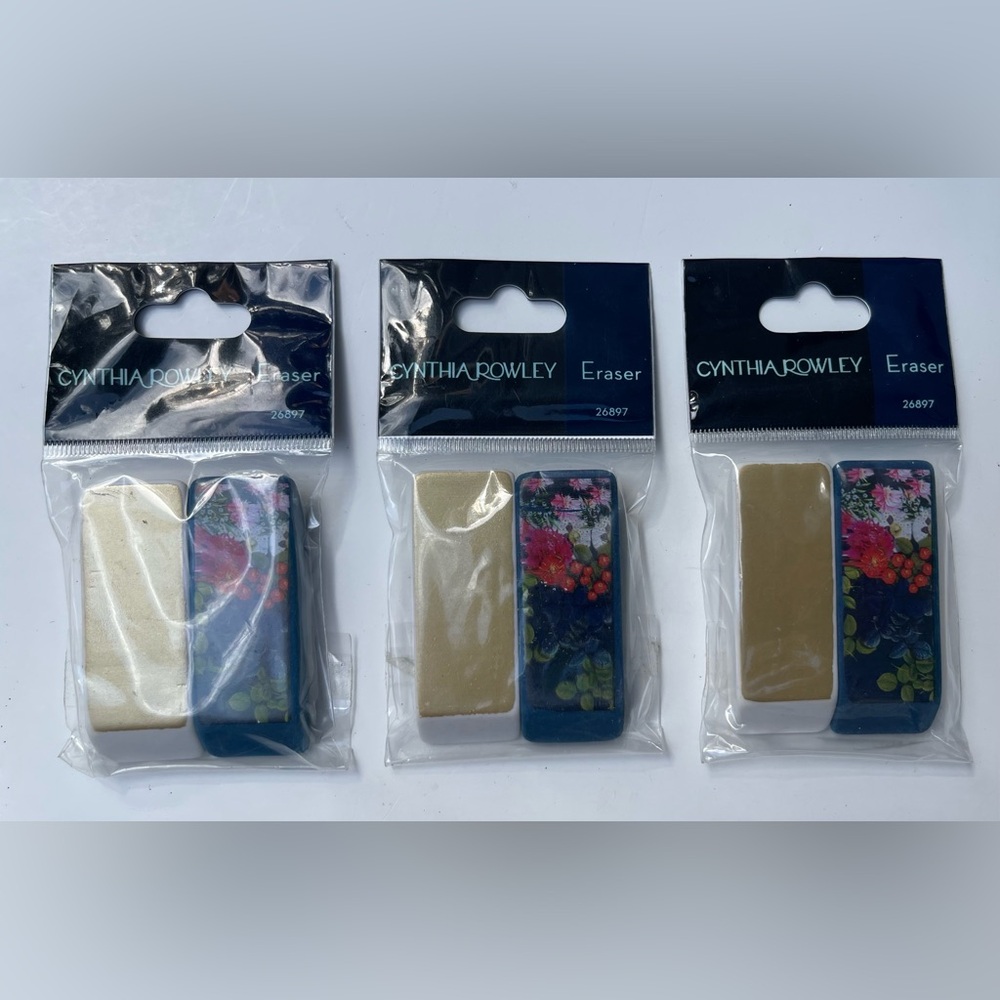 Cynthia Rowley Set of 3 Gold & Blue Floral & Solid Erasers